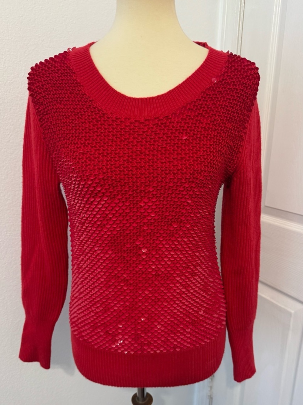 Escada Wool Cashmere Sweater Red Sequin Front Luxe Party Size Small *FLAW*